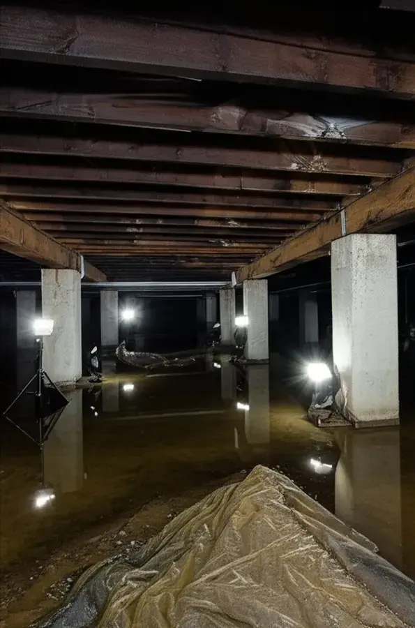 Standing water in a dark Kernersville crawl space lit by work lights